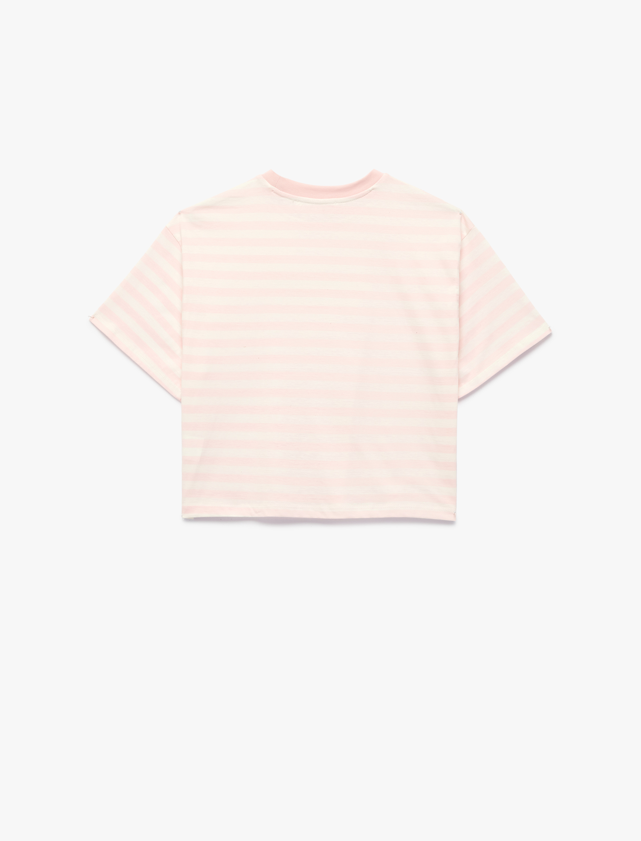 Kısa Kollu Bisiklet Yaka Rahat Kalıp Pamuklu Baskılı Çizgili Crop Tişört - Görsel 5