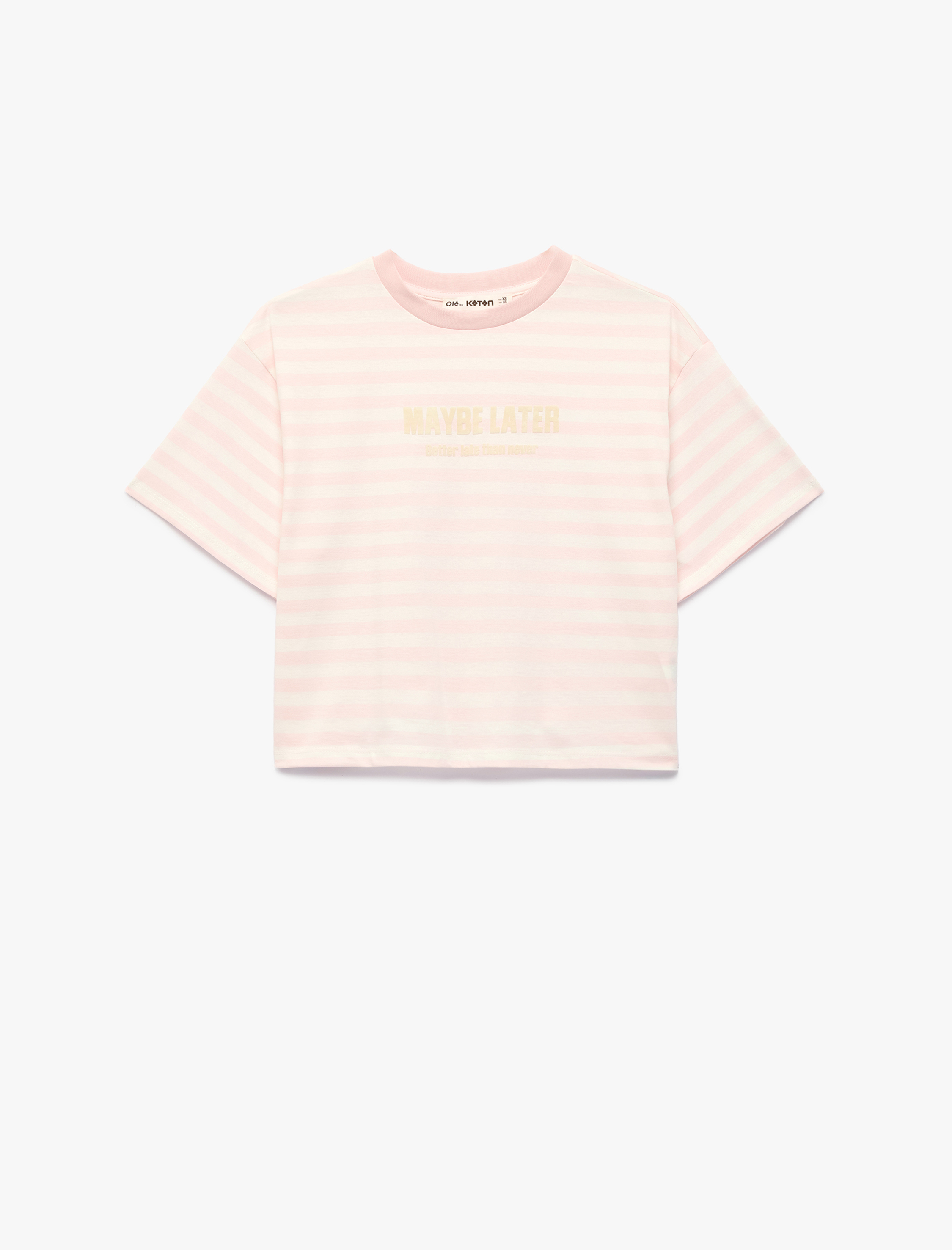 Kısa Kollu Bisiklet Yaka Rahat Kalıp Pamuklu Baskılı Çizgili Crop Tişört - Görsel 4