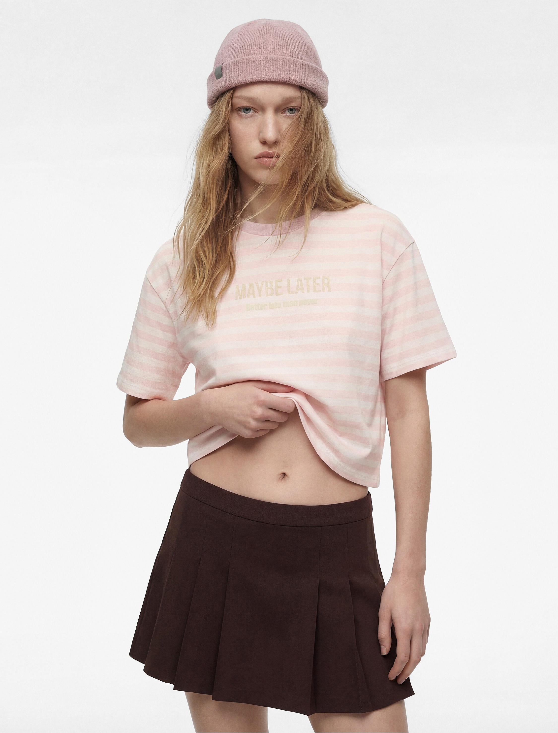 Kısa Kollu Bisiklet Yaka Rahat Kalıp Pamuklu Baskılı Çizgili Crop Tişört - Görsel 2