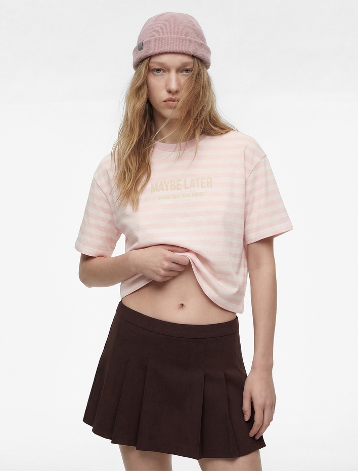  Kısa Kollu Bisiklet Yaka Rahat Kalıp Pamuklu Baskılı Çizgili Crop Tişört