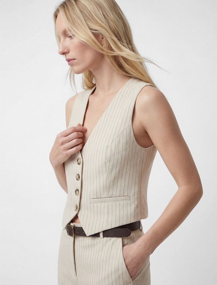  Düğmeli V Yaka Çizgili Blazer Yelek