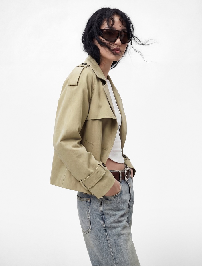  Düğmeli Kruvaze Yaka Uzun Kollu Gabardin Crop Ceket