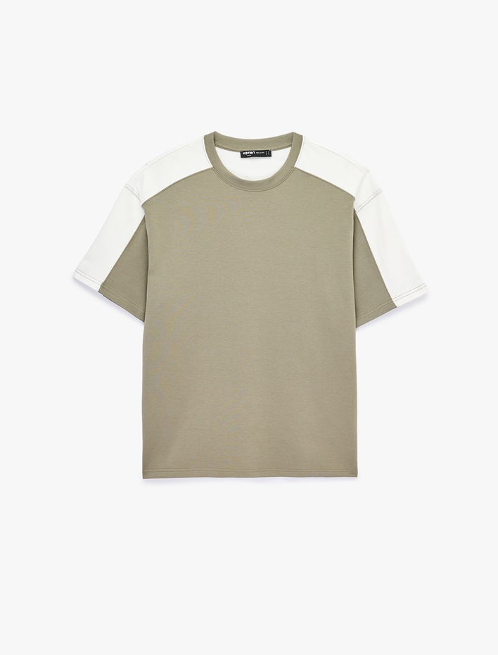  Rahat Kalıp Bisiklet Yaka Pamuklu Renk Kontrastlı Kısa Kollu Tişört
