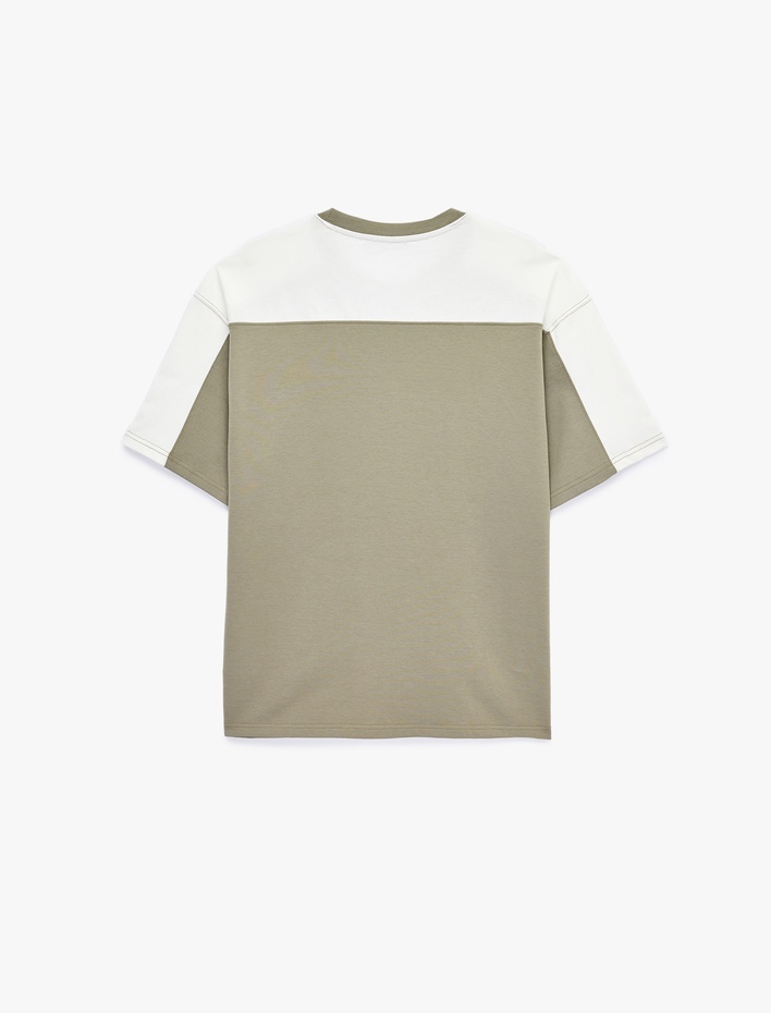  Rahat Kalıp Bisiklet Yaka Pamuklu Renk Kontrastlı Kısa Kollu Tişört