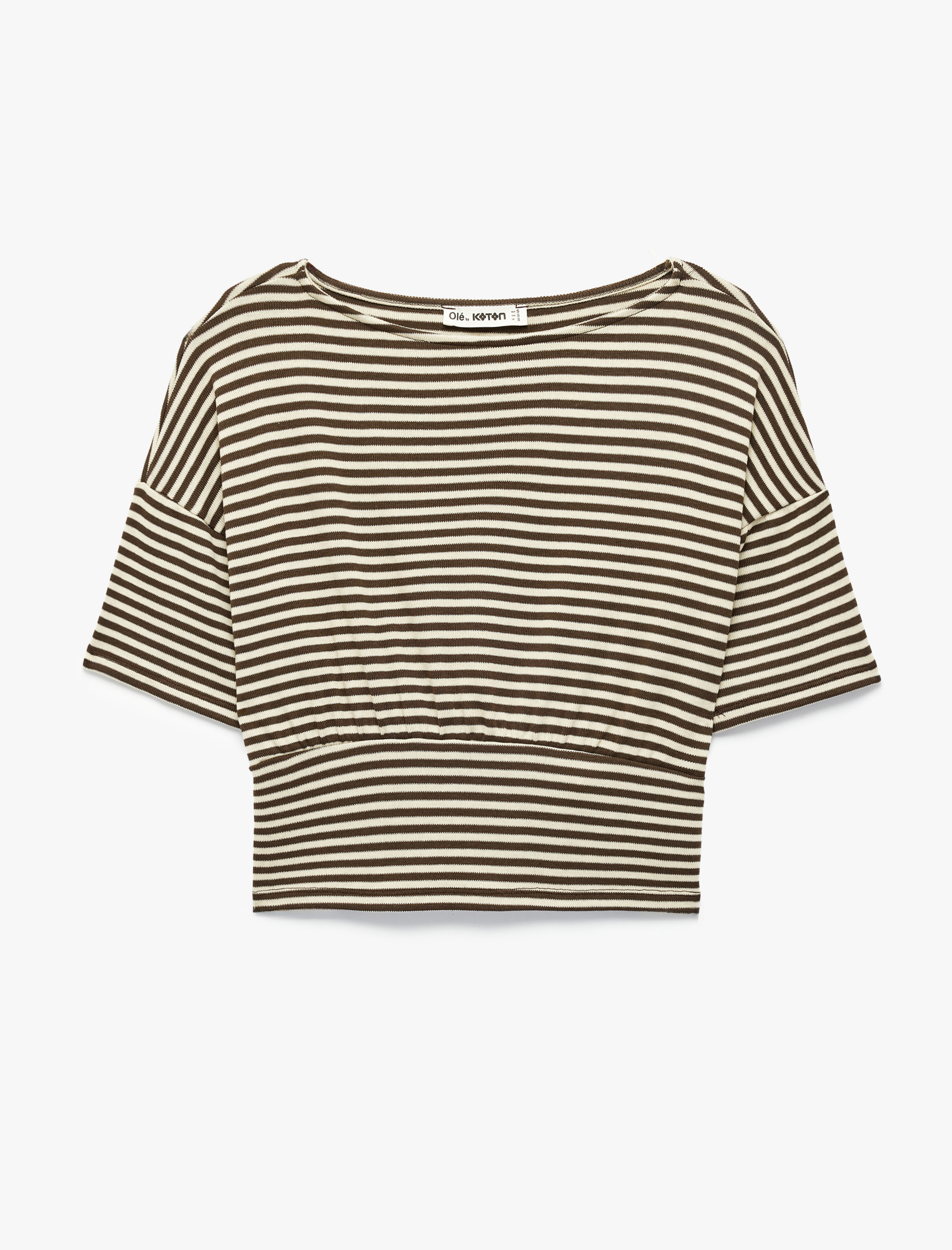 Viskon Karışımlı Omzu Açık Kısa Kollu Çizgili Tişört - Görsel 2