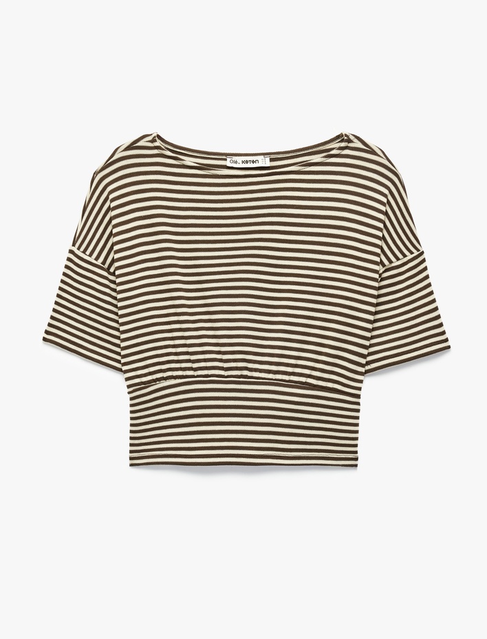  Viskon Karışımlı Omzu Açık Kısa Kollu Çizgili Tişört