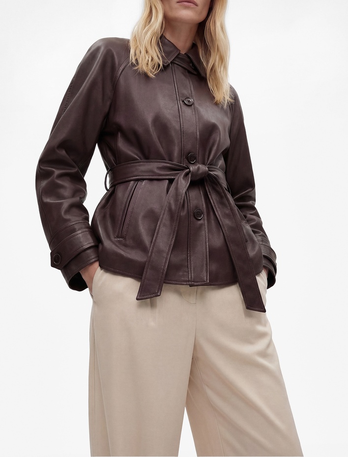  Uzun Kollu Cepli Kemerli Oversize Suni Deri Ceket