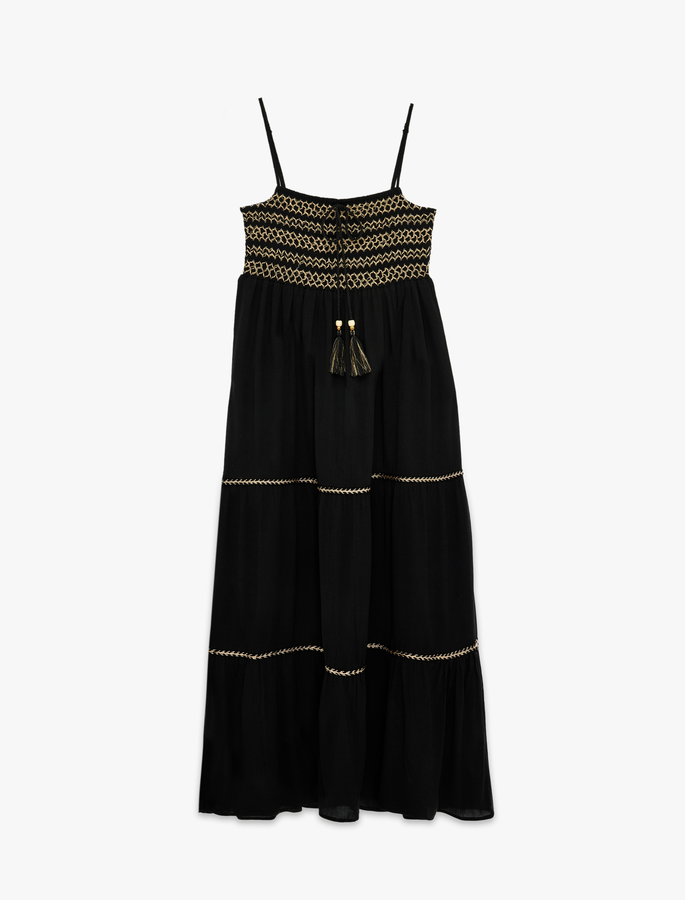   Viskon Krinkıl Kumaş Bağlamalı Kroşe Detaylı İnce Askılı Uzun Elbise