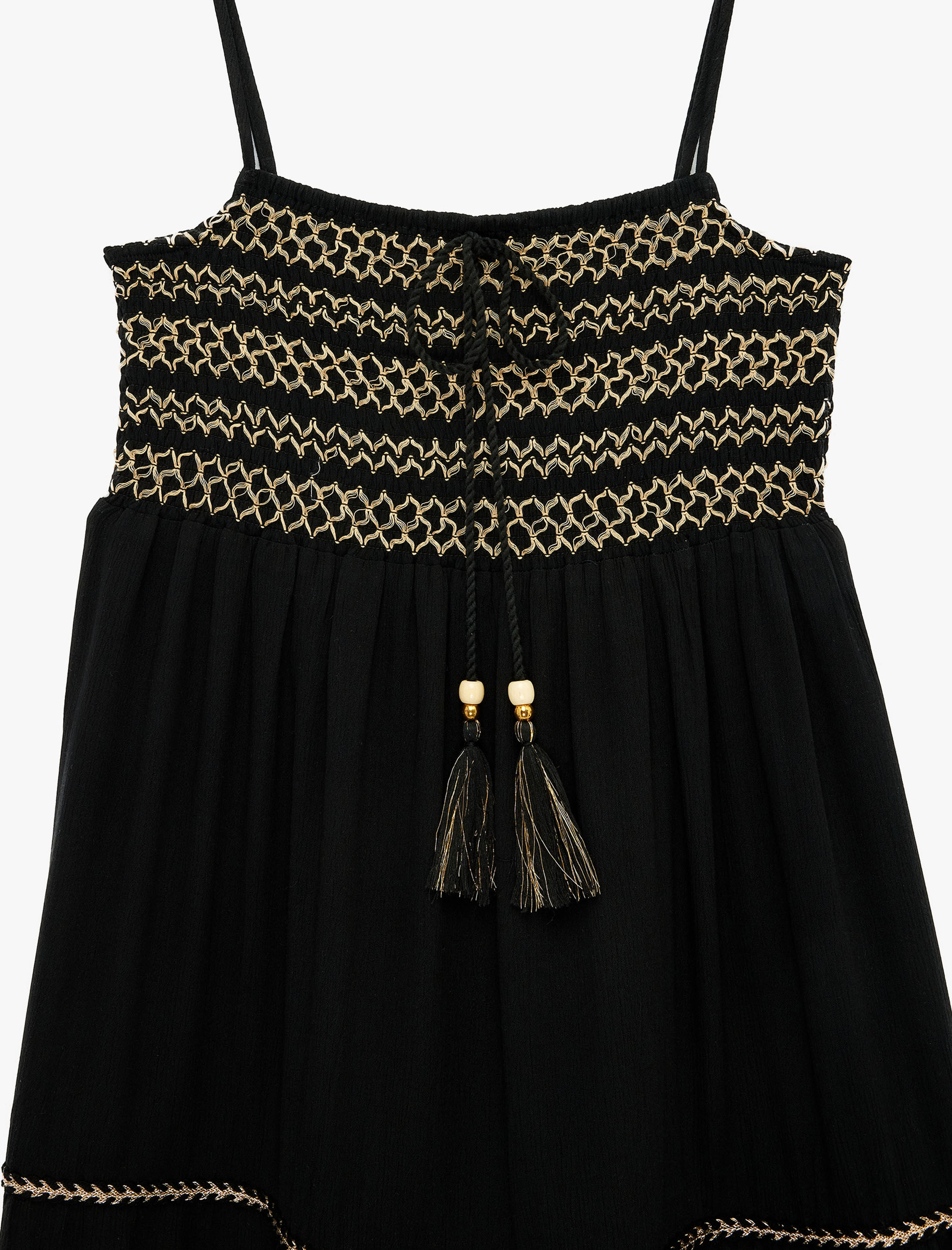   Viskon Krinkıl Kumaş Bağlamalı Kroşe Detaylı İnce Askılı Uzun Elbise