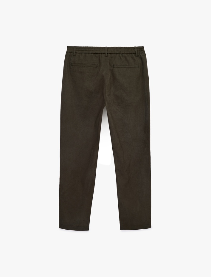  Regular Fit Beli Lastikli Düğmeli Düz Paça Keten Karışımlı Chino Pantolon