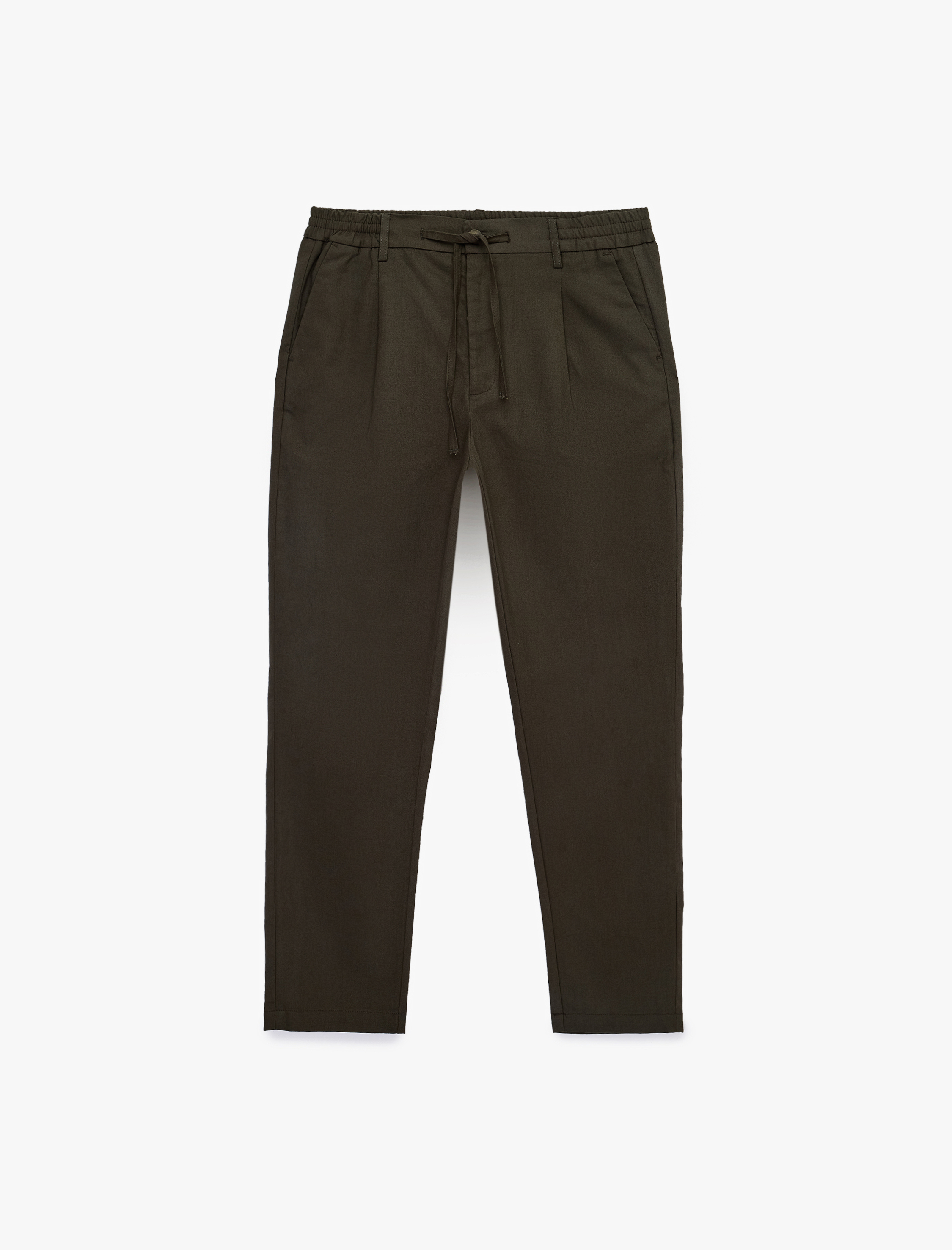   Regular Fit Beli Lastikli Düğmeli Düz Paça Keten Karışımlı Chino Pantolon