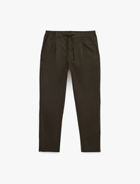 Regular Fit Beli Lastikli Düğmeli Düz Paça Keten Karışımlı Chino Pantolon