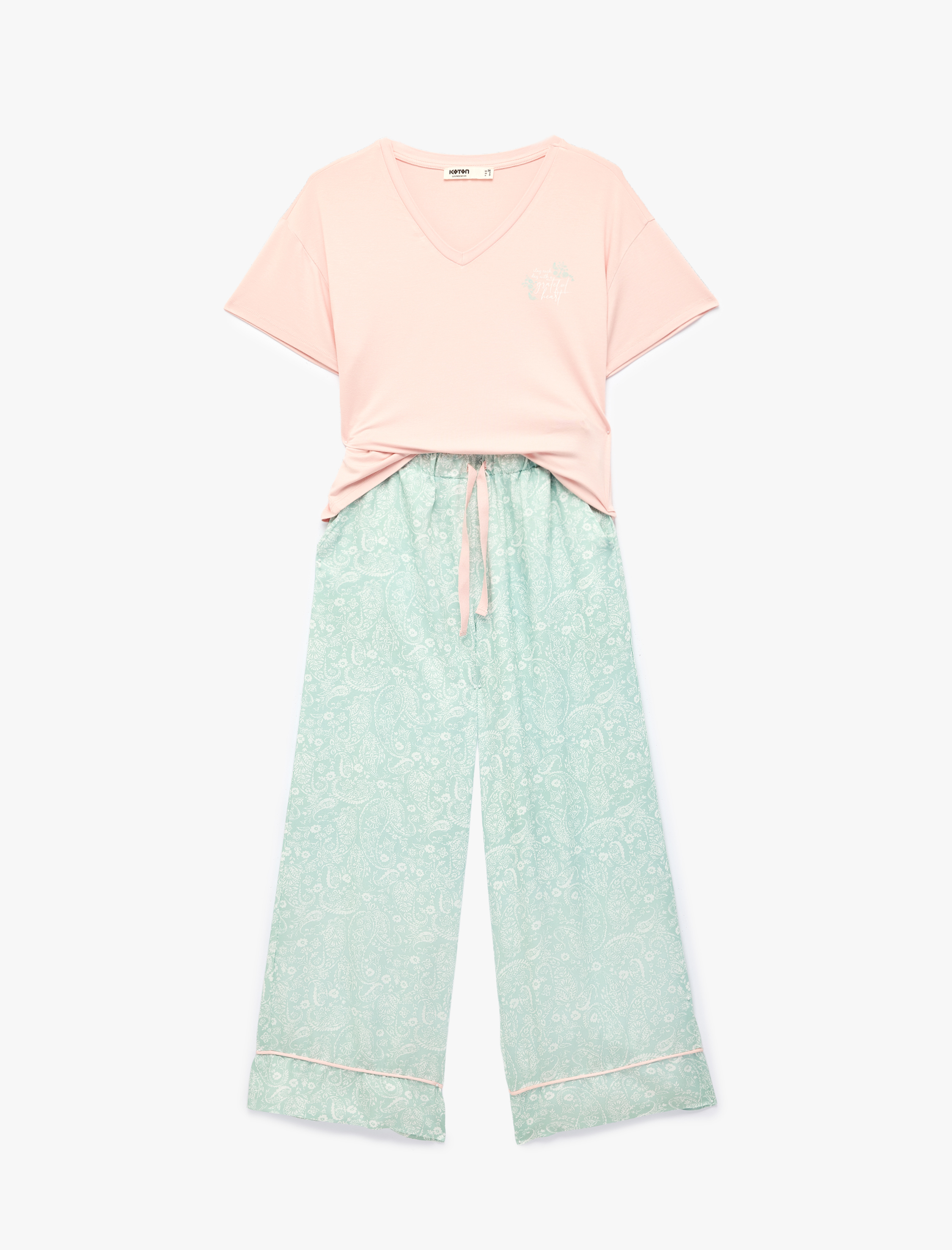   V Yaka Kısa Kollu Çiçek Desenli Pijama Seti