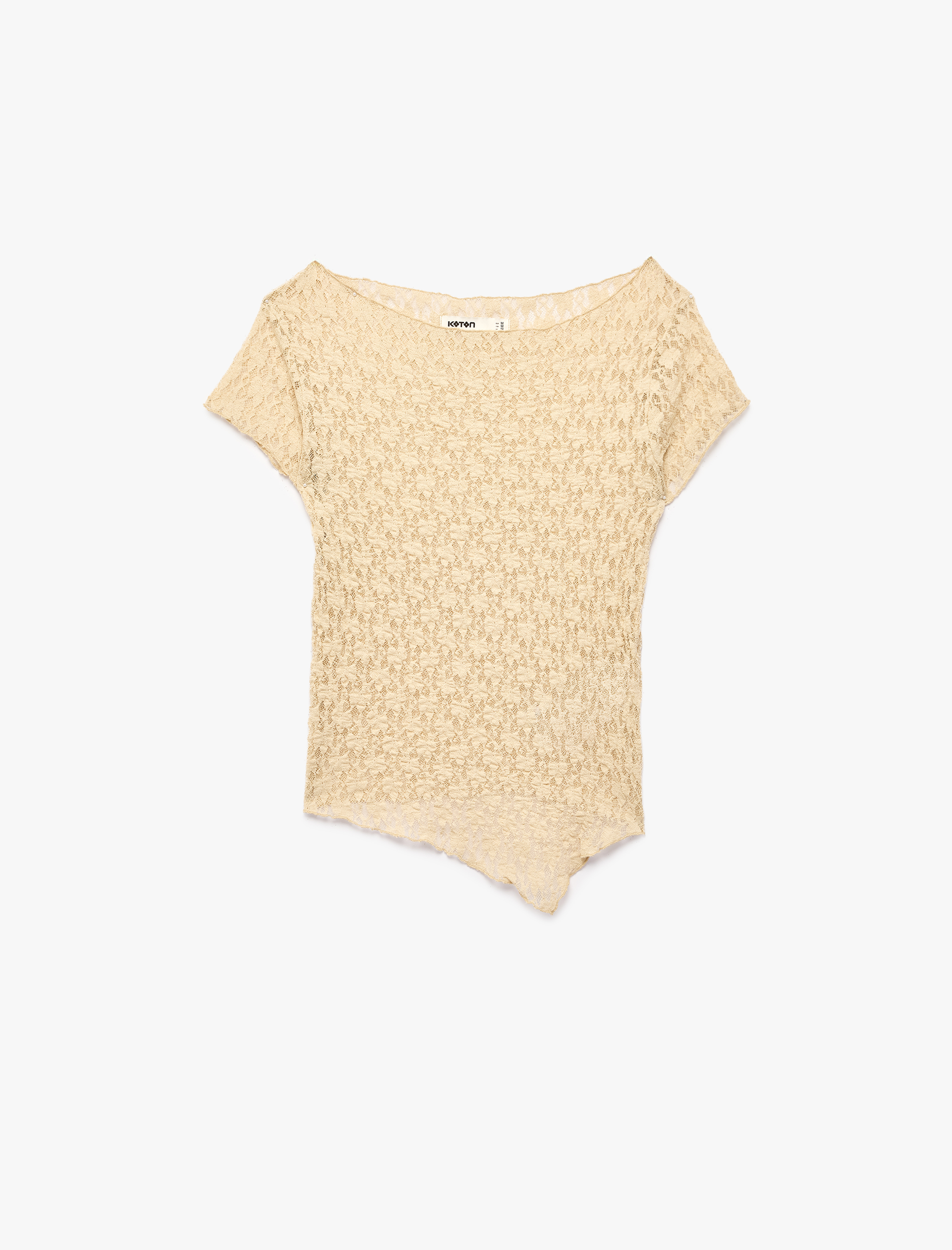   Slim Fit Kayık Yaka Kısa Kollu Yarı Transparan Asimetrik Dantel Tişört