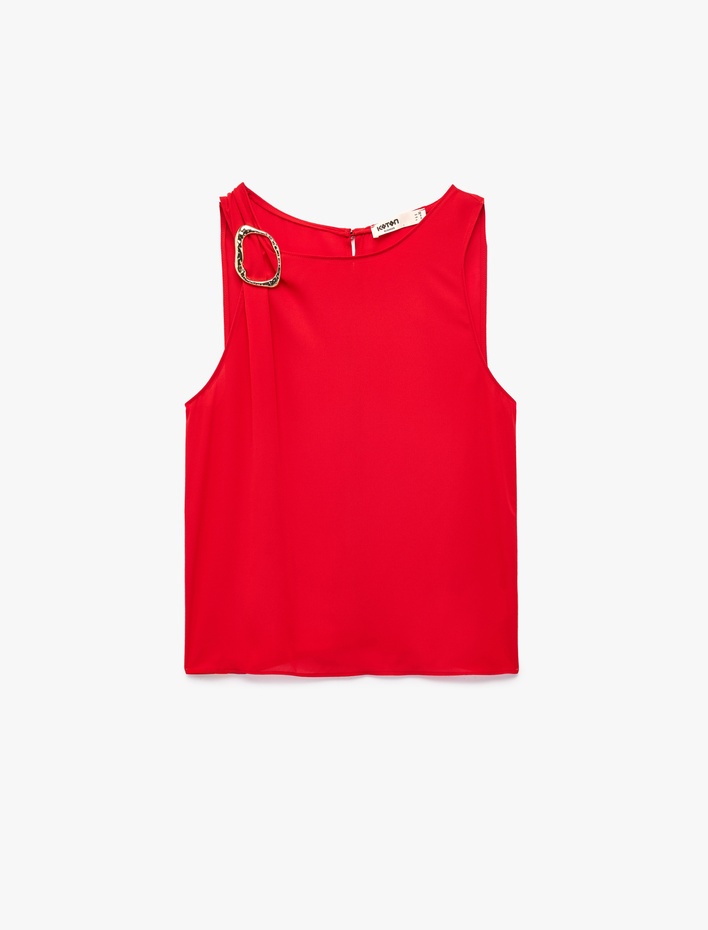  Metal Aksesuarlı Kolsuz Bisiklet Yaka Bluz