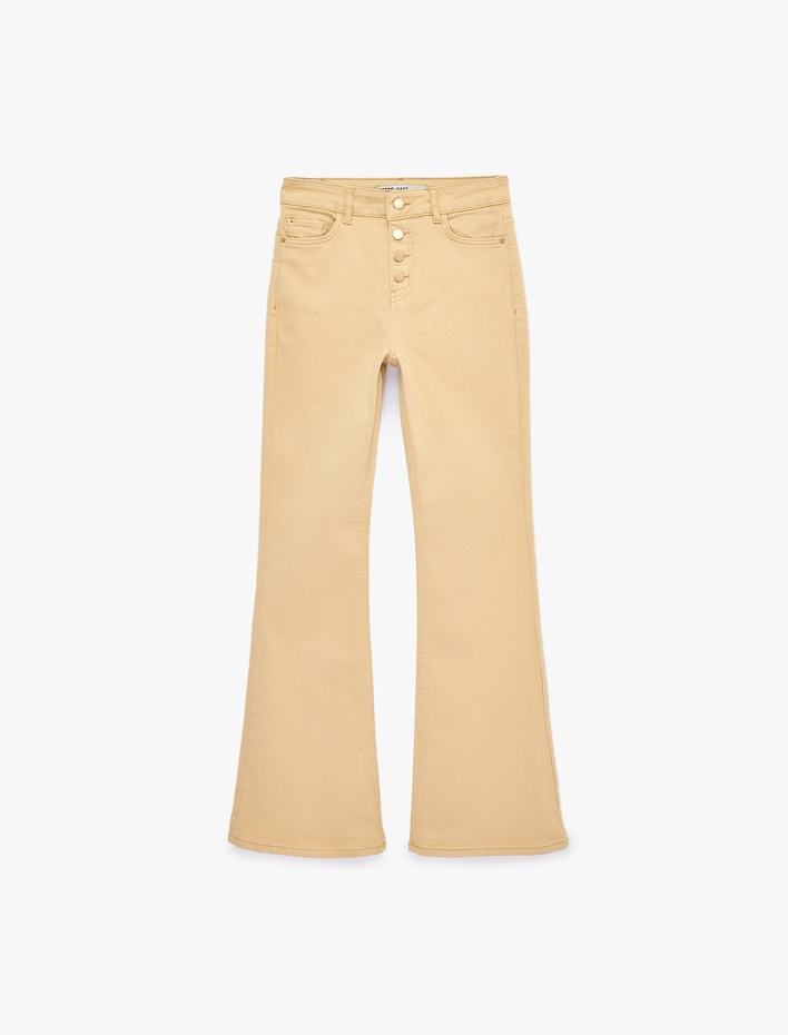  Yüksek Bel İspanyol Paça Düğmeli Jean Pantolon - Flare Jeans