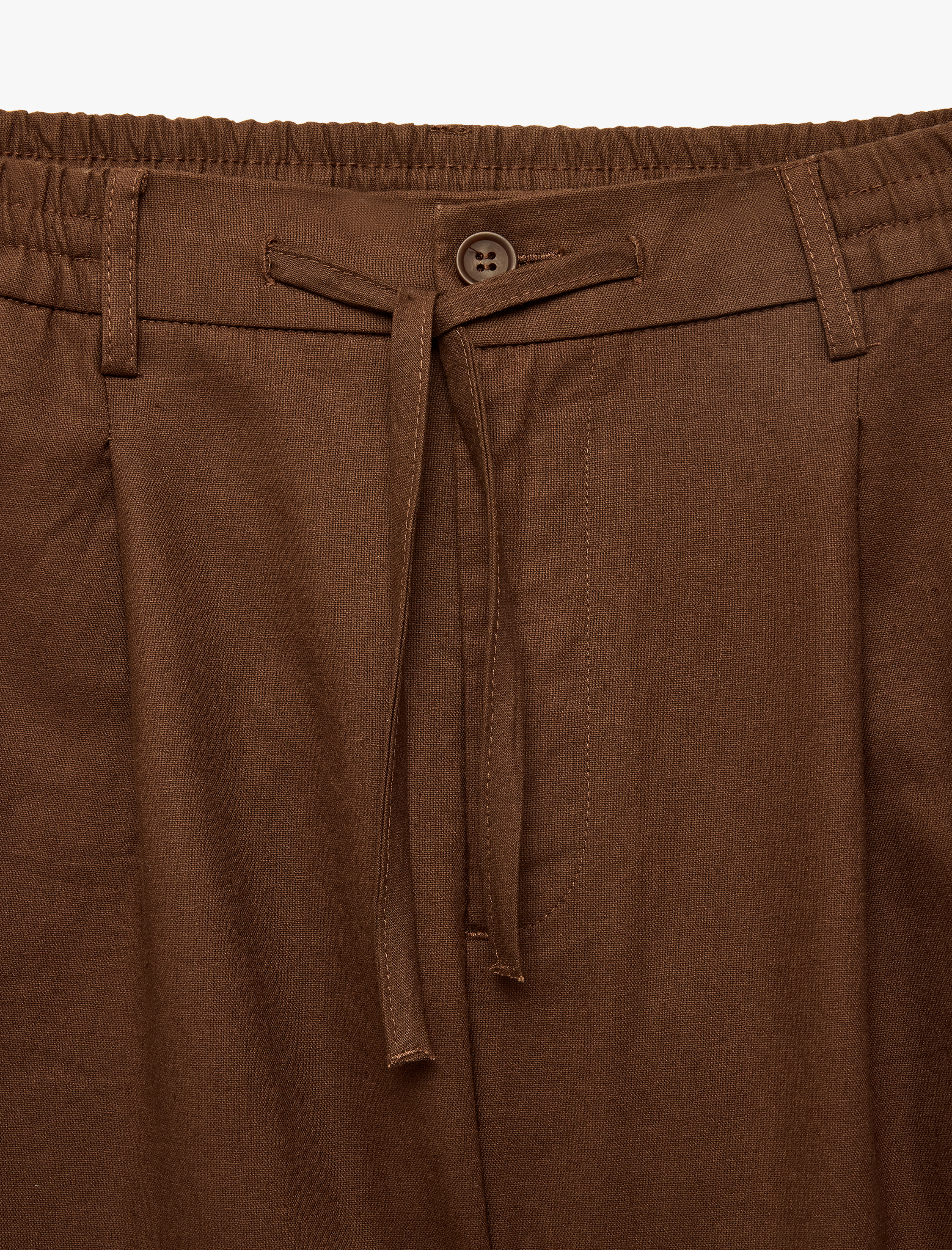   Regular Fit Beli Lastikli Düğmeli Düz Paça Keten Karışımlı Chino Pantolon