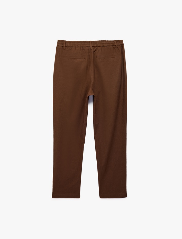  Regular Fit Beli Lastikli Düğmeli Düz Paça Keten Karışımlı Chino Pantolon