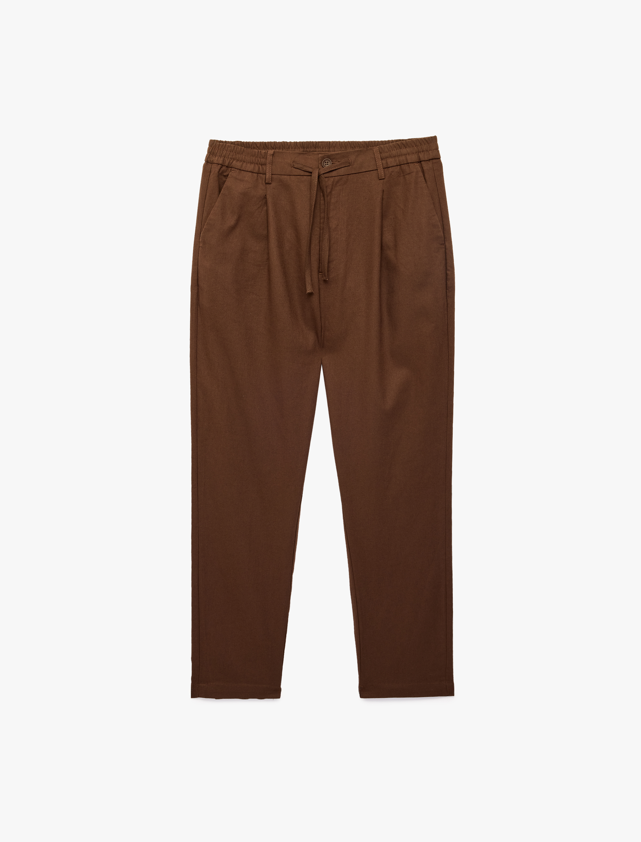   Regular Fit Beli Lastikli Düğmeli Düz Paça Keten Karışımlı Chino Pantolon