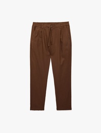 Regular Fit Beli Lastikli Düğmeli Düz Paça Keten Karışımlı Chino Pantolon