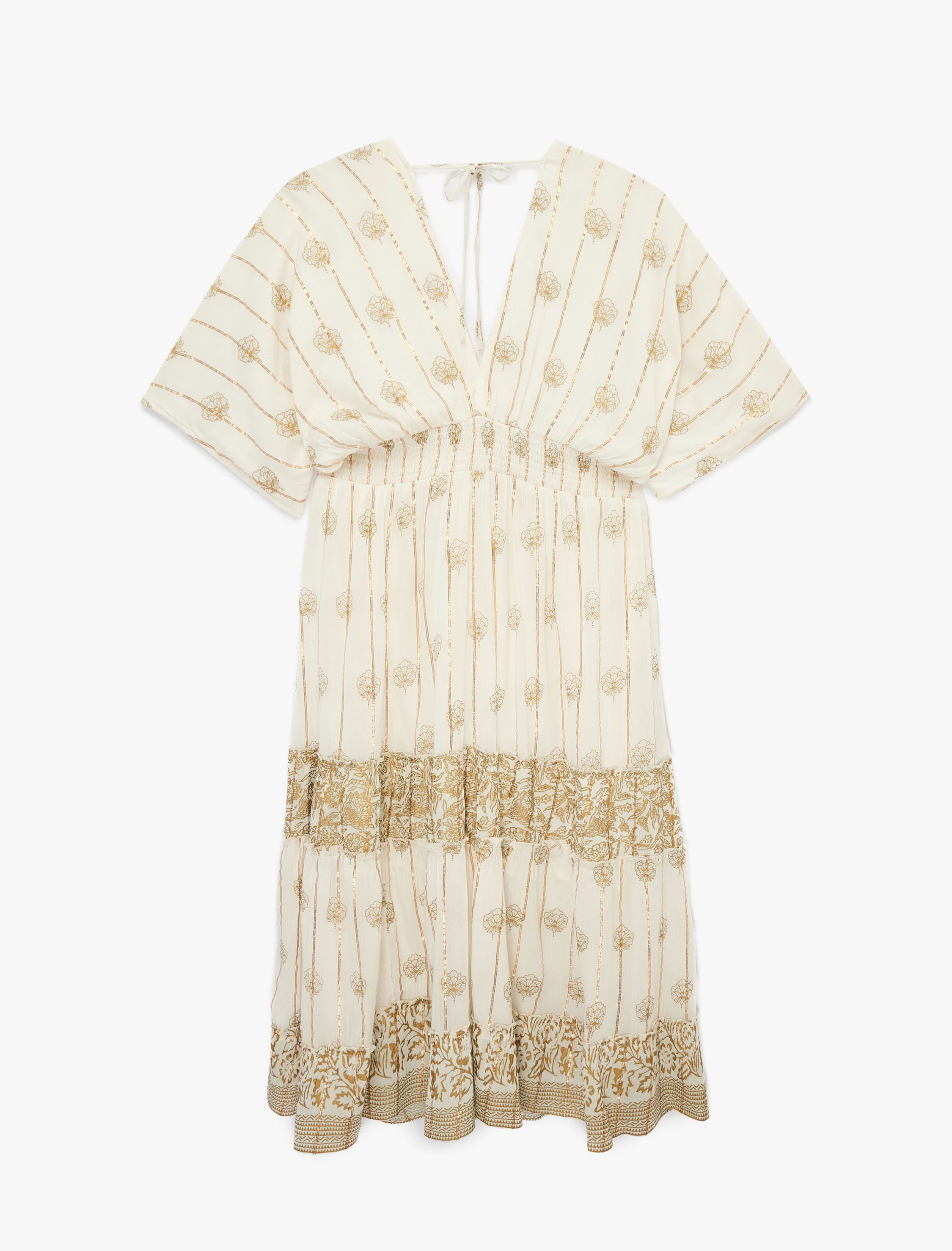   Viskon Karışımlı Kısa Yarasa Kollu Etnik Desenli Kruvaze Simli Midi Boy Elbise