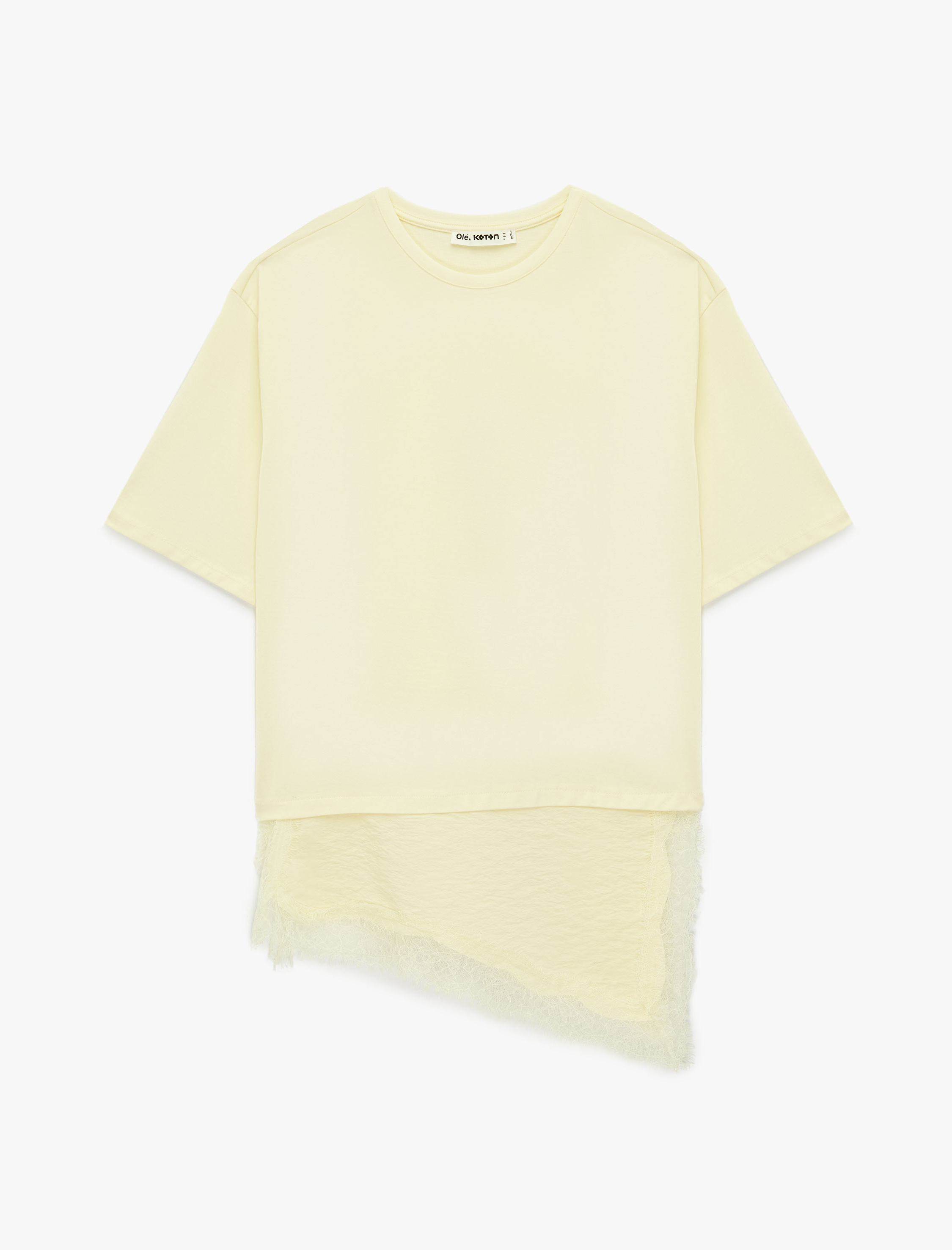   Regular Fit Kısa Kollu Bisiklet Yaka Asimetrik Dantel Detaylı Tişört