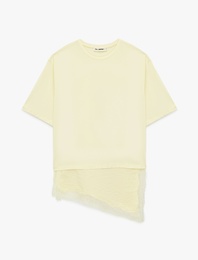 Regular Fit Kısa Kollu Bisiklet Yaka Asimetrik Dantel Detaylı Tişört