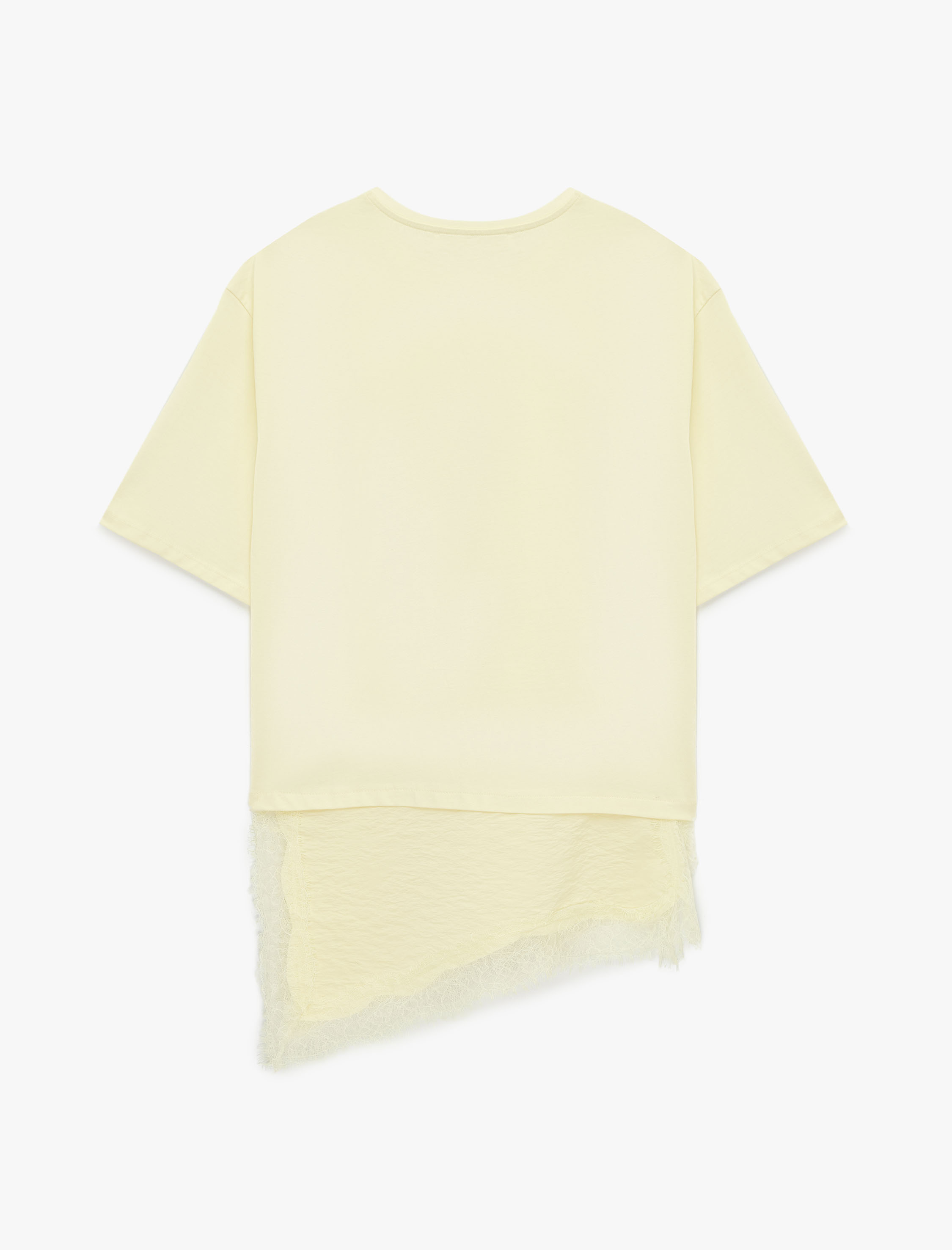   Regular Fit Kısa Kollu Bisiklet Yaka Asimetrik Dantel Detaylı Tişört