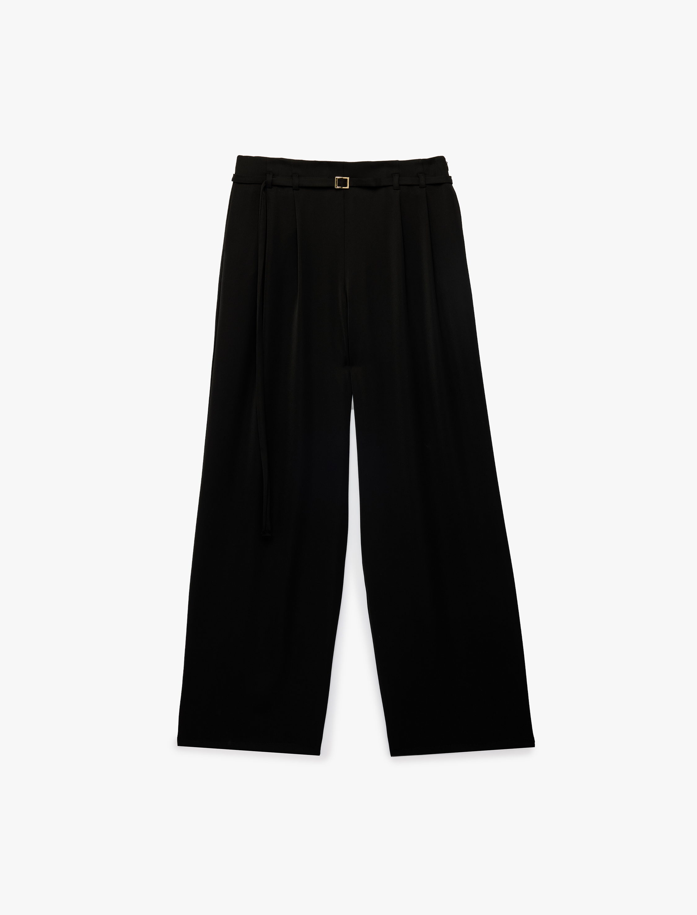   Pile Detaylı Cepli Kemerli Geniş Paça Saten Pantolon