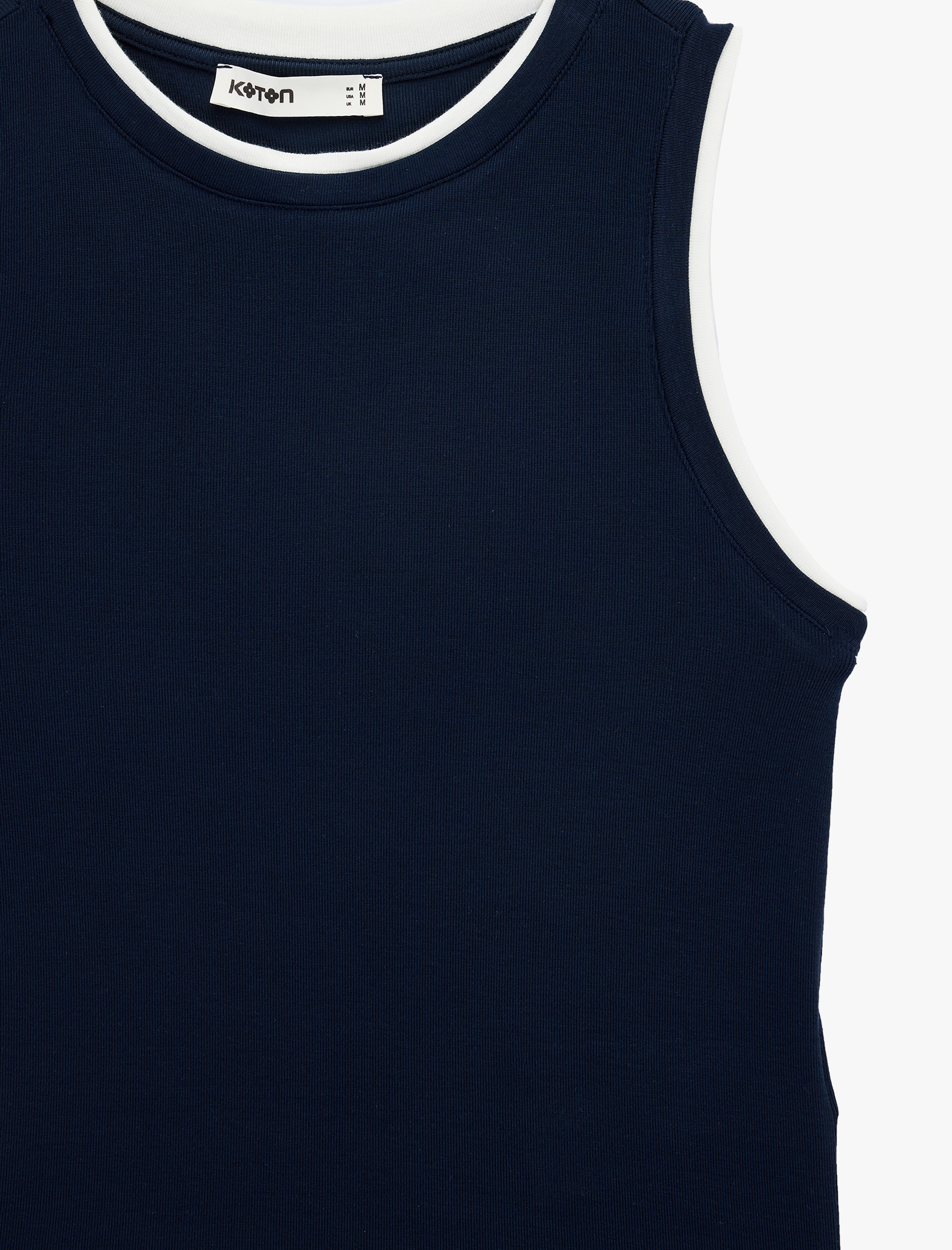   Renk Kontrastlı Katmanlı Slim Fit Bisiklet Yaka Kolsuz Fitilli Bluz