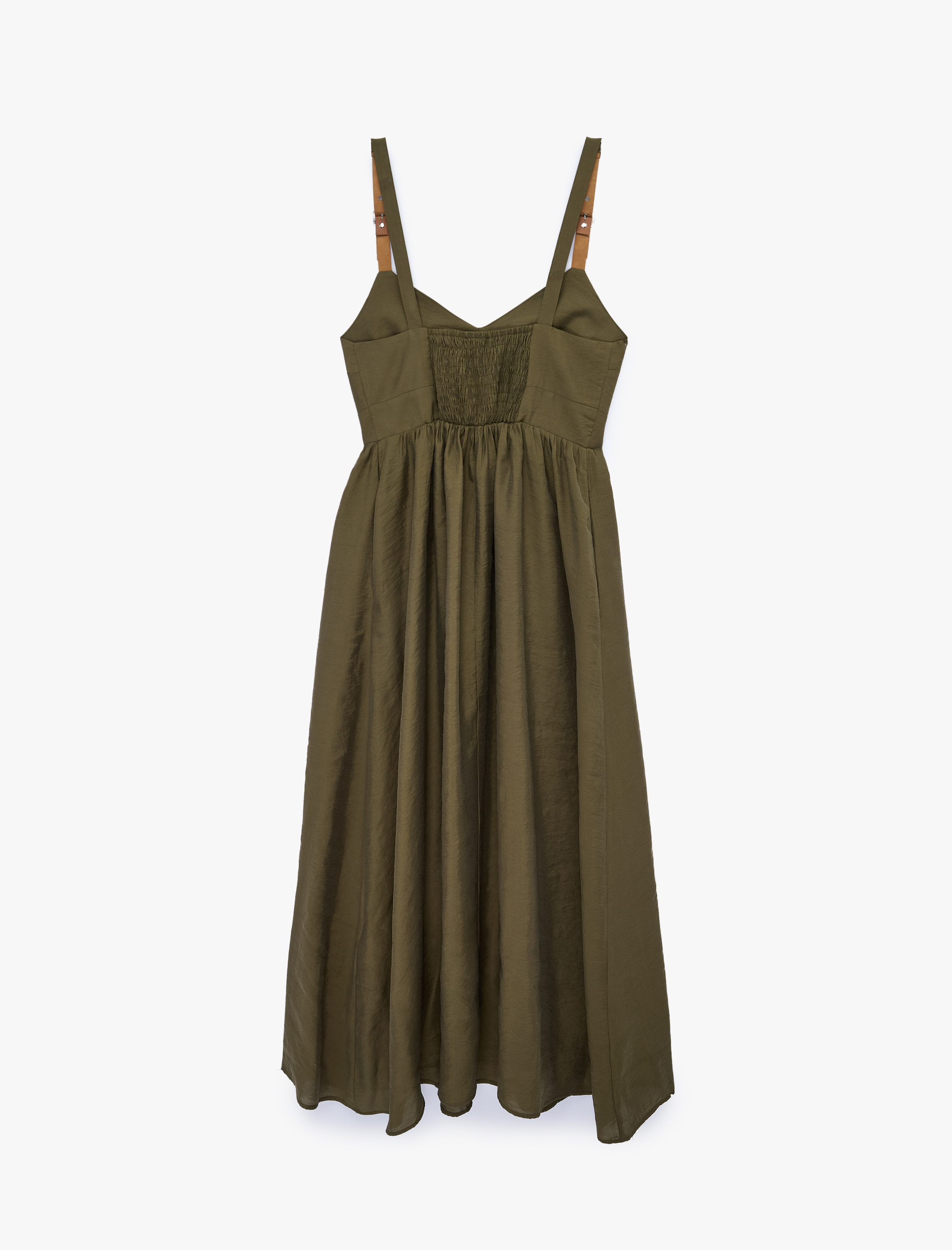   Bol Kalıp V Yaka Cepli Kemer Detaylı Askılı Modal Midi Elbise