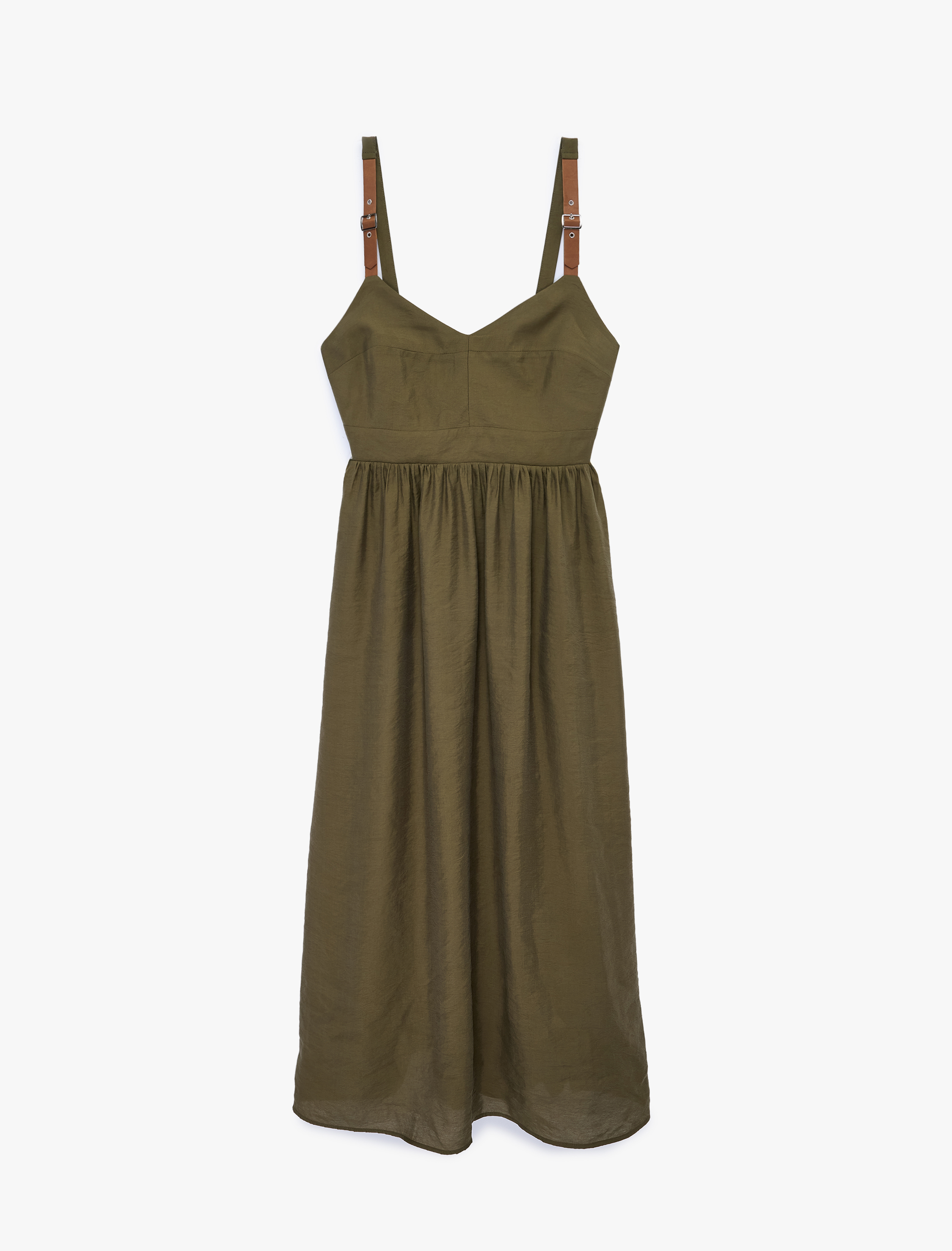   Bol Kalıp V Yaka Cepli Kemer Detaylı Askılı Modal Midi Elbise