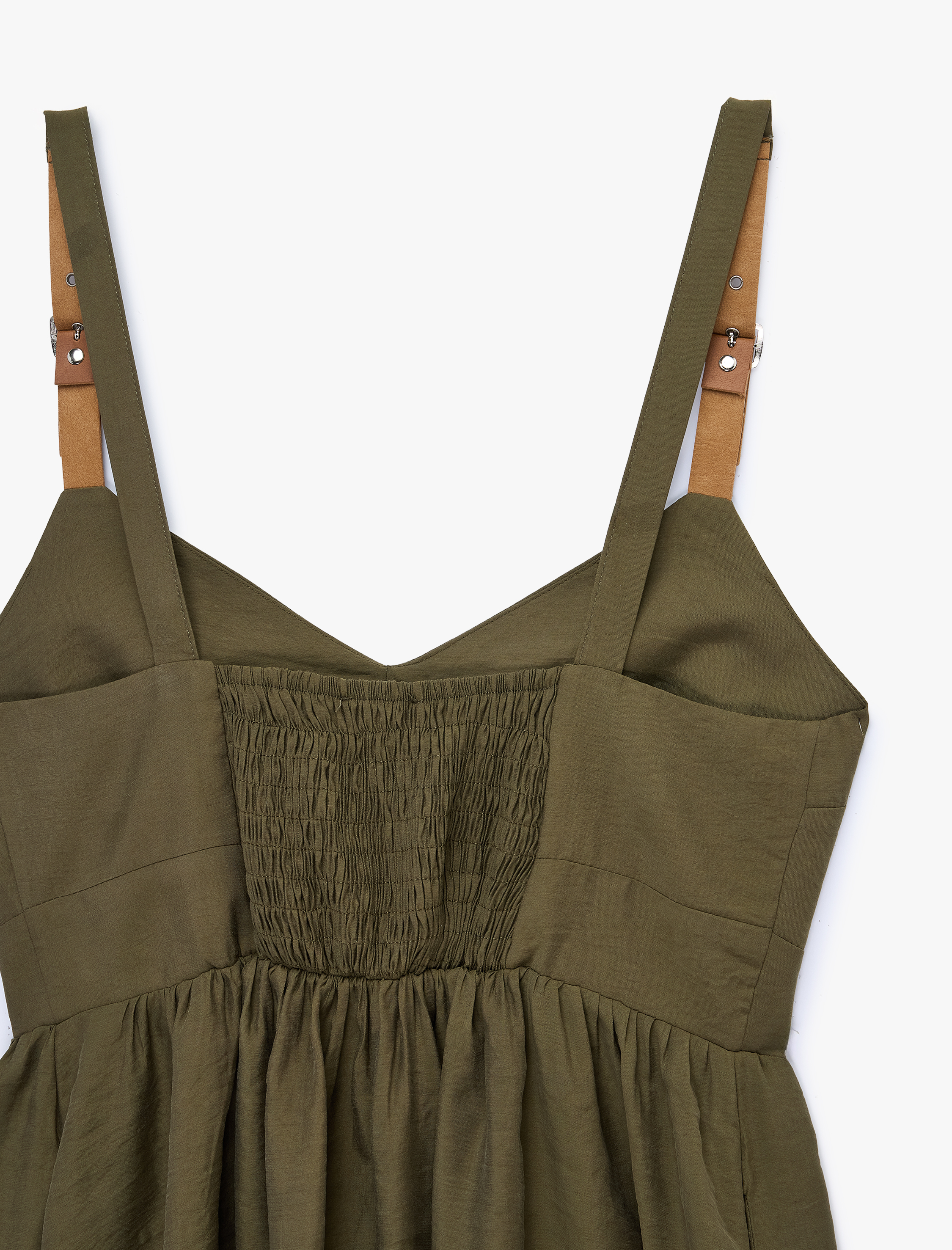   Bol Kalıp V Yaka Cepli Kemer Detaylı Askılı Modal Midi Elbise