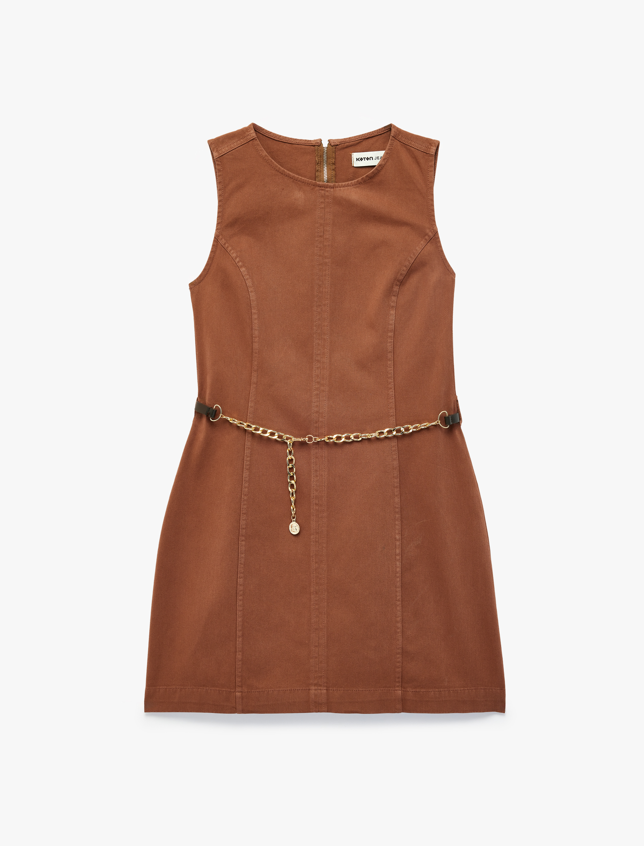   Pamuklu Kolsuz Bisiklet Yaka Kemer Detaylı Mini Denim Elbise