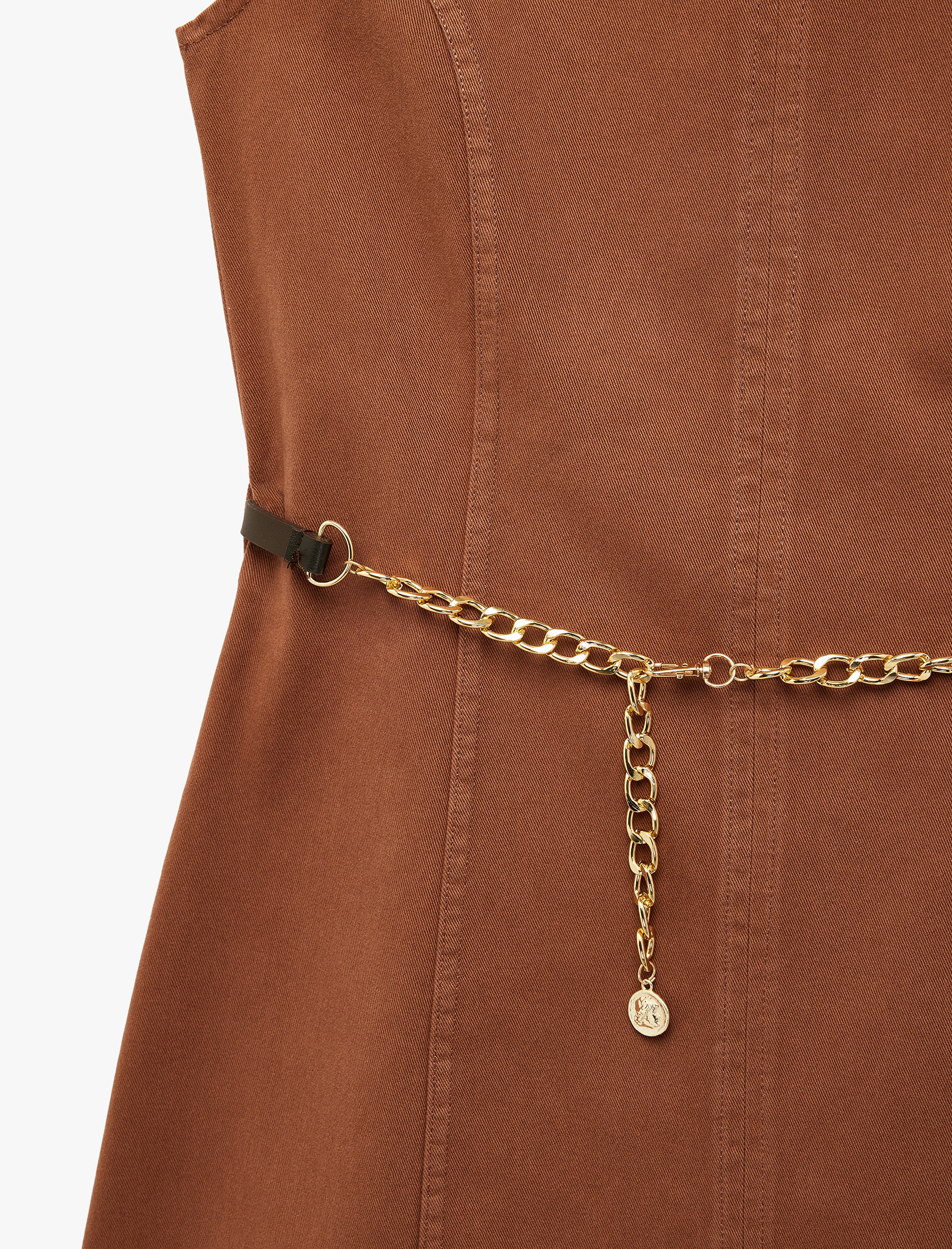   Pamuklu Kolsuz Bisiklet Yaka Kemer Detaylı Mini Denim Elbise