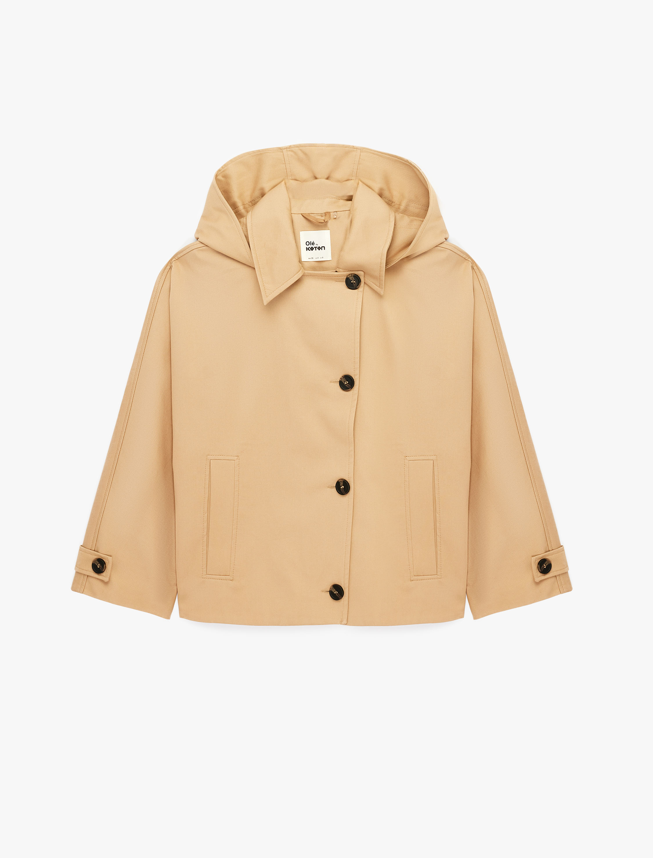   Düğmeli Cep Detaylı Uzun Kollu Kapüşonlu Gabardin Mevsimlik Ceket