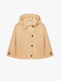 Düğmeli Cep Detaylı Uzun Kollu Kapüşonlu Gabardin Mevsimlik Ceket