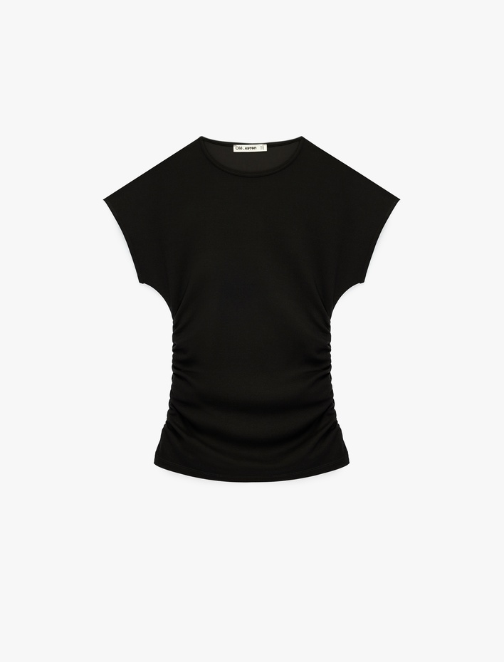  Slim Fit Kısa Kollu Bisiklet Yaka Büzgülü Tişört