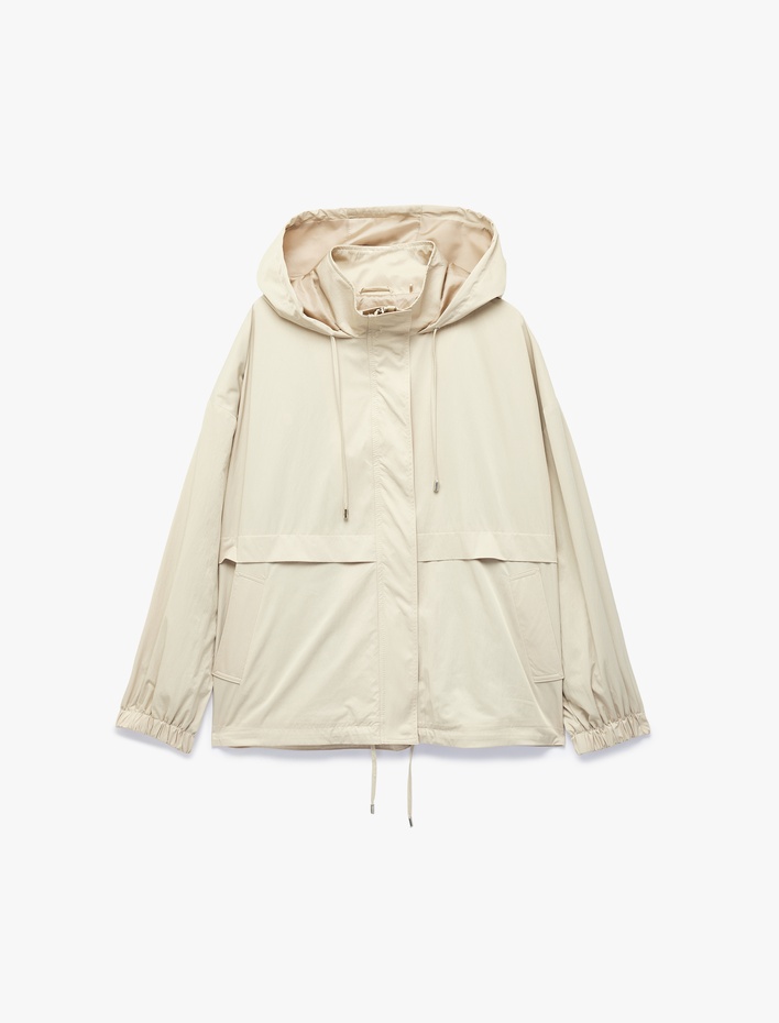  Krinkıl Paraşüt Kumaş Uzun Kollu Cepli Fermuarlı Oversize Kapüşonlu Yağmurluk