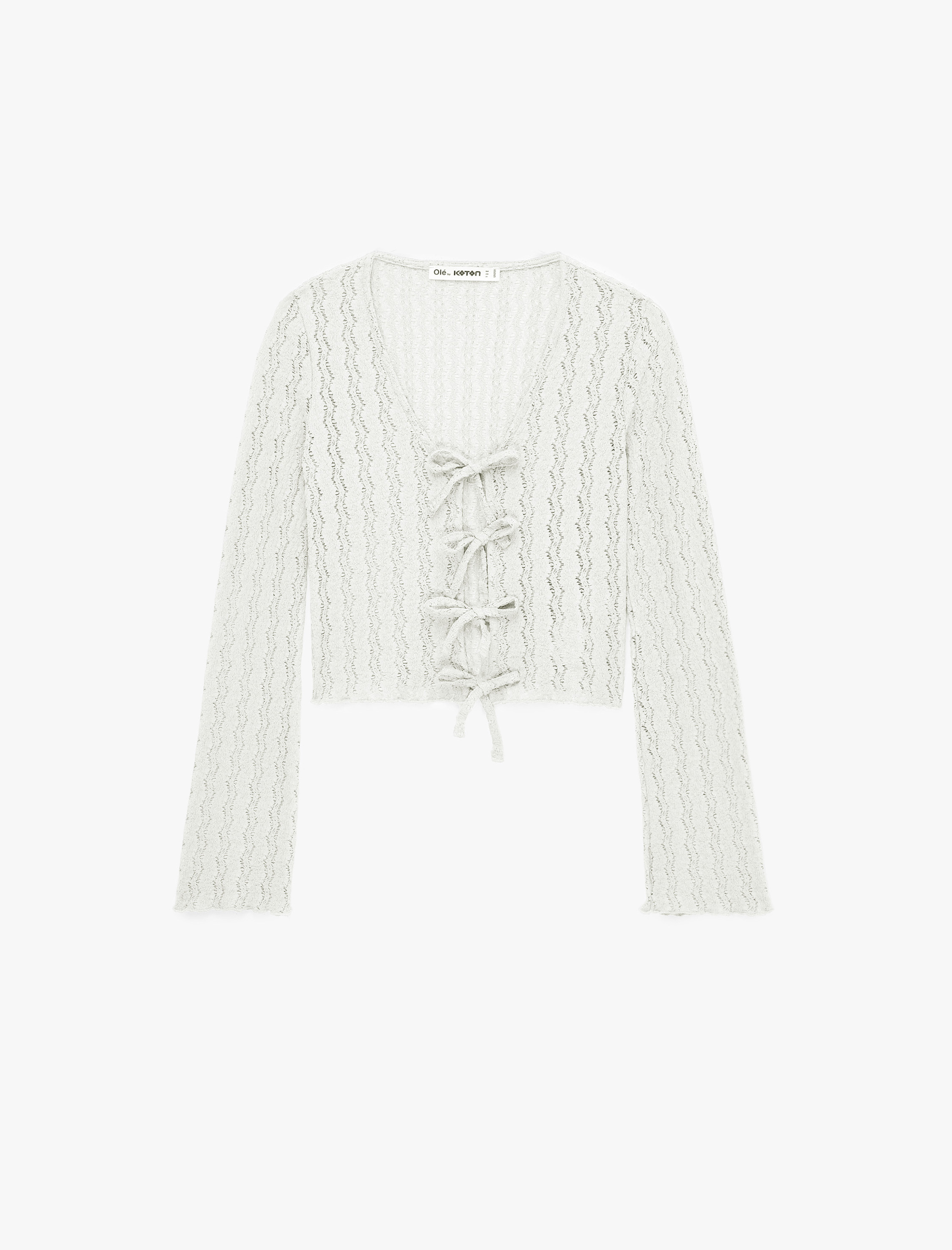   V Yaka Uzun Kollu Fiyonk Bağlama Detaylı Dantel Bluz