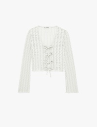 V Yaka Uzun Kollu Fiyonk Bağlama Detaylı Dantel Bluz