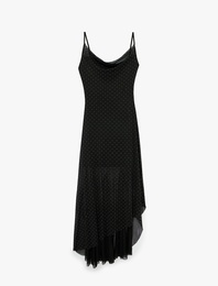 Degaje Yaka Asimetrik Kesim Kolsuz Taş Detaylı Uzun Abiye Tül Elbise