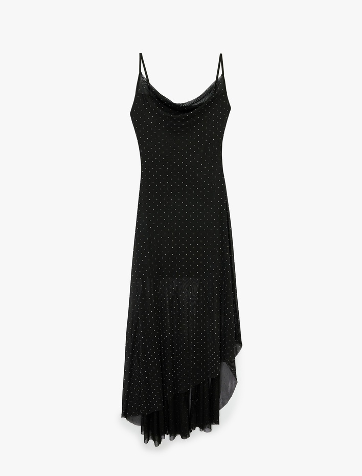  Degaje Yaka Asimetrik Kesim Kolsuz Taş Detaylı Uzun Abiye Tül Elbise