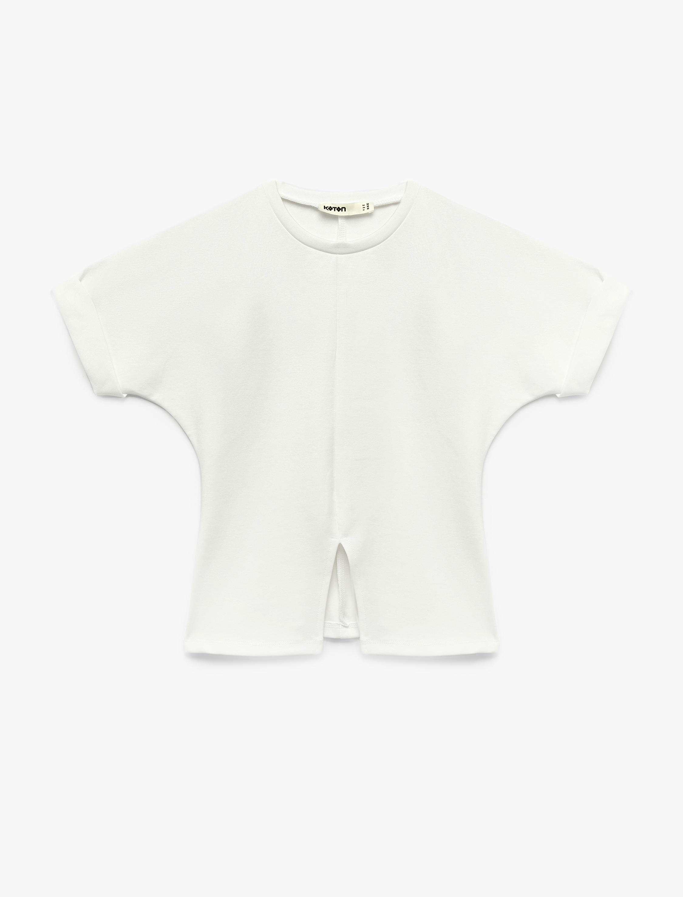   Pamuklu Slim Fit Hafif Peplum Kesim Kısa Kollu Bisiklet Yaka Yırtmaç Detaylı Tişört