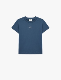 Bisiklet Yaka Kısa Kollu Nakışlı Pamuklu Tişört