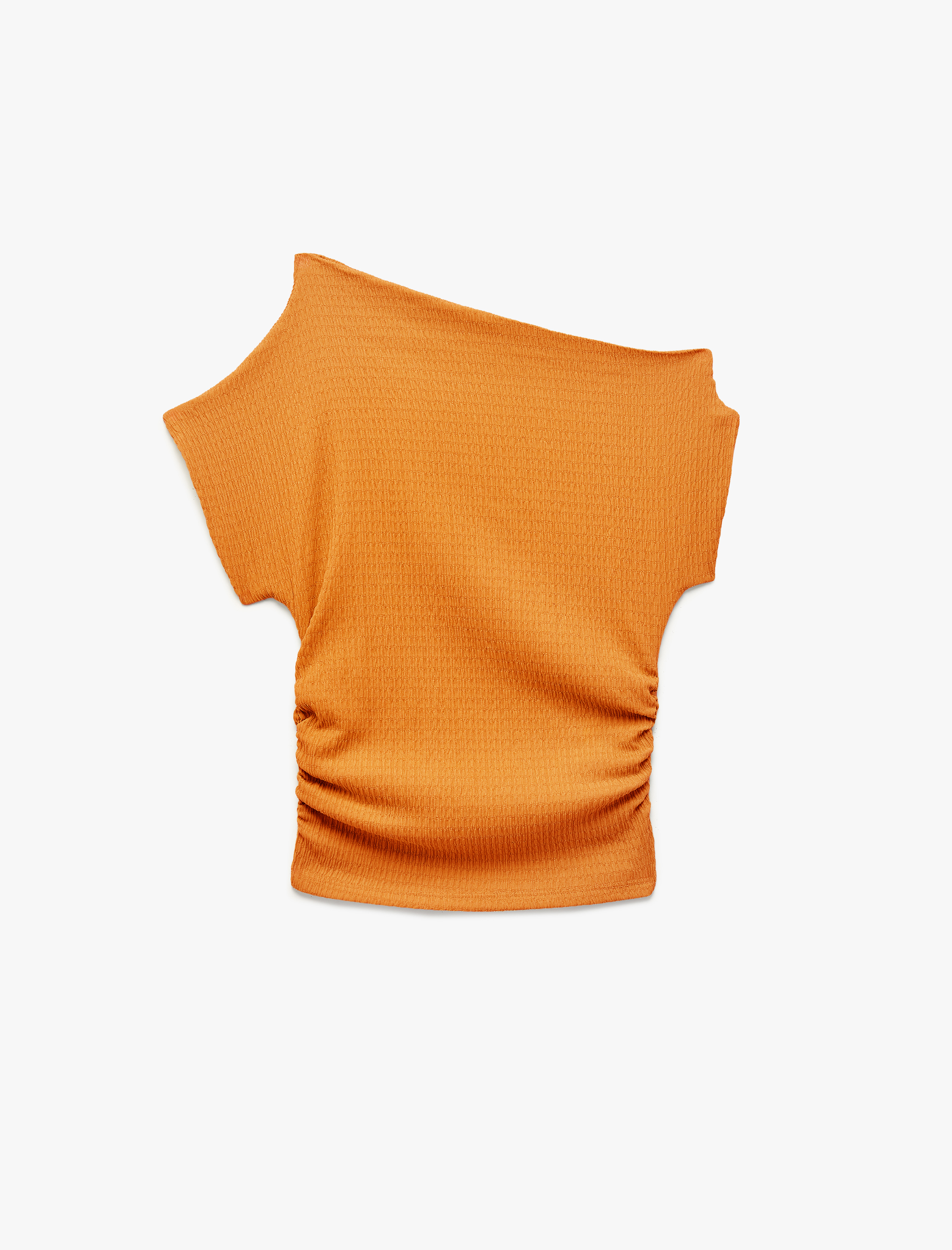   Bürümcük Kumaş Dokulu Drapeli Asimetrik Omzu Açık Kayık Yaka Bluz