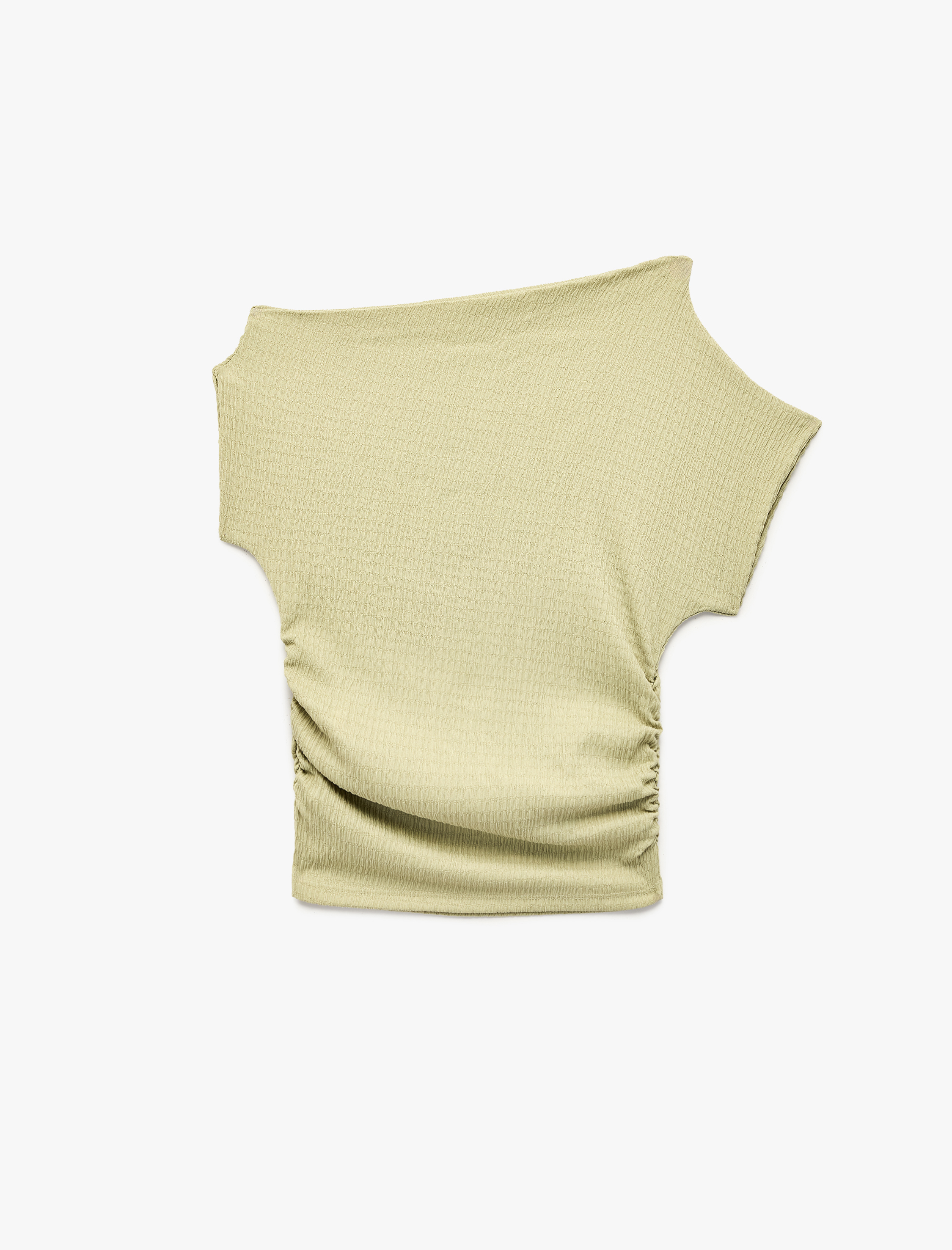   Bürümcük Kumaş Dokulu Drapeli Asimetrik Omzu Açık Kayık Yaka Bluz