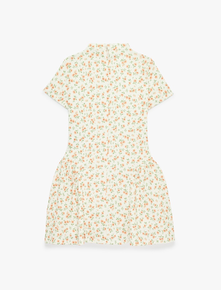  Mini Kısa Kollu Dik Yaka Çiçekli Kloş Elbise