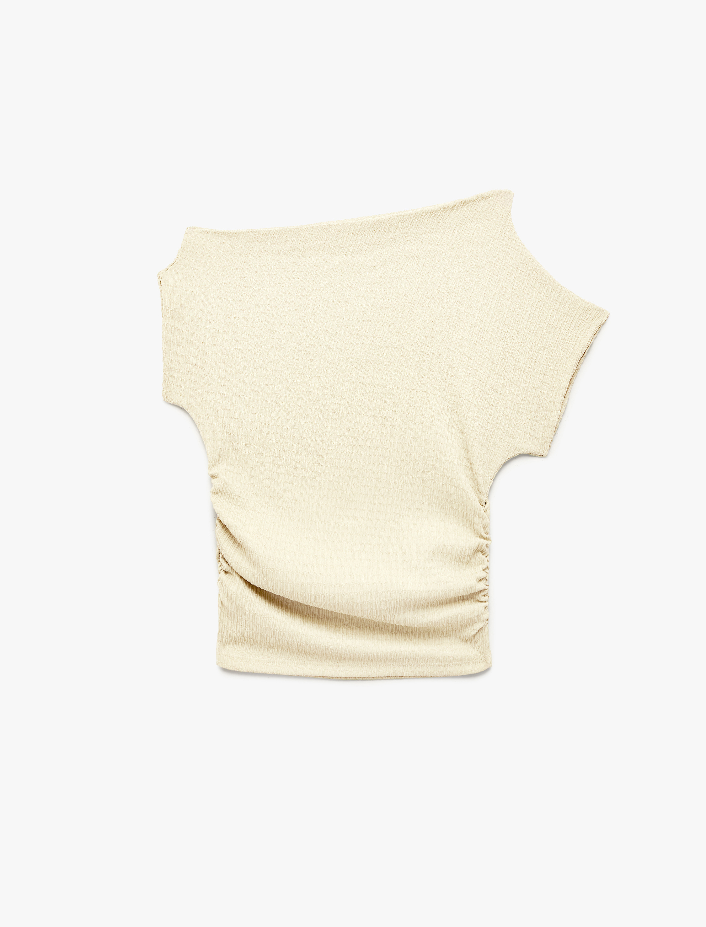   Bürümcük Kumaş Dokulu Drapeli Asimetrik Omzu Açık Kayık Yaka Bluz