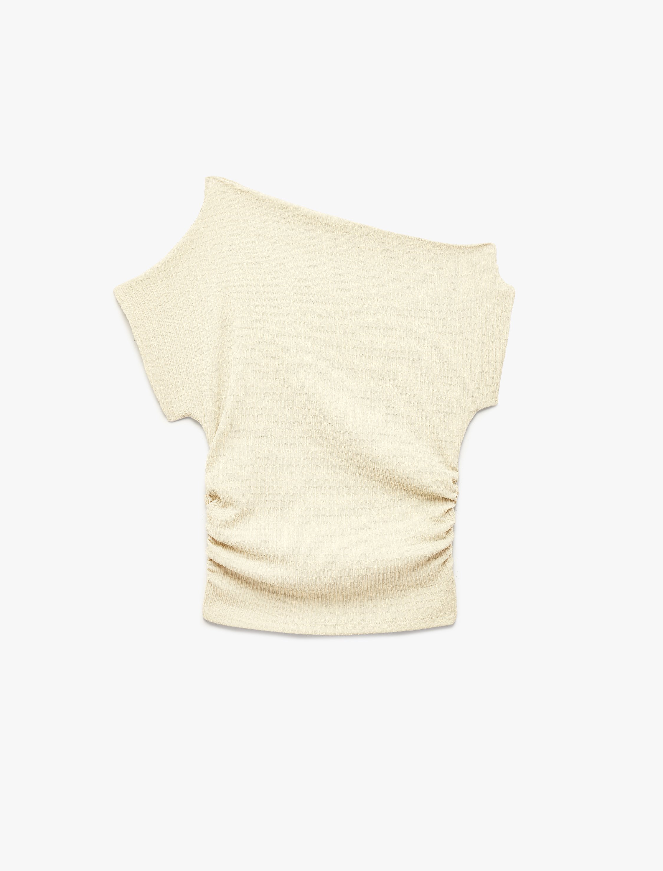   Bürümcük Kumaş Dokulu Drapeli Asimetrik Omzu Açık Kayık Yaka Bluz